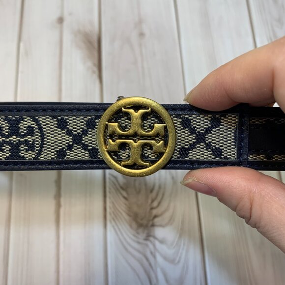 Tory Burch Women\'s T Monogram Navy Jacquard & Leather Belt main image 4